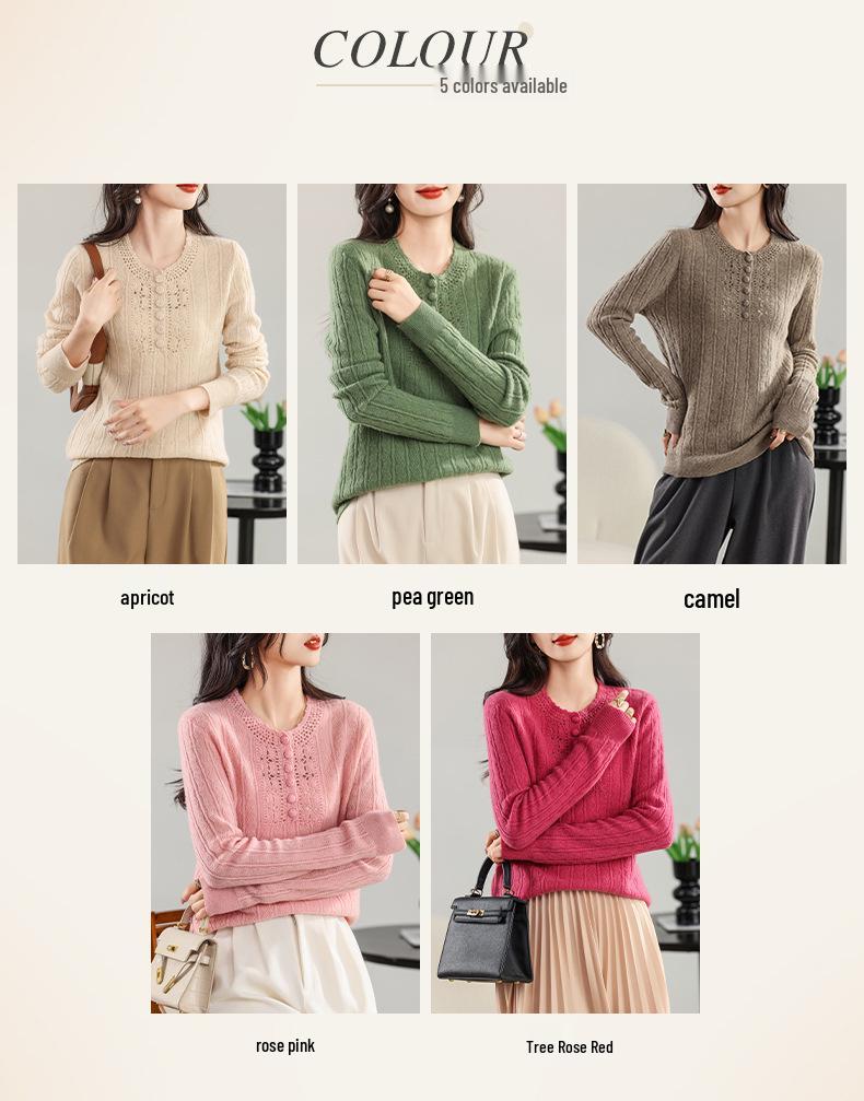 2024 Autumn/Winter Women's Wool Half-Zip Round Neck Jacquard Knit Hollow Loose Sweater