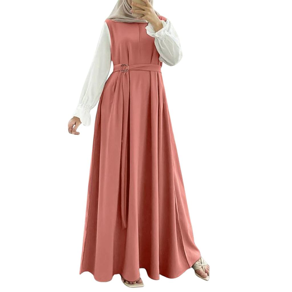 Muslimische Damenkleider, lässig, Patchwork, langärmelig, Weste mit Krawatte, Kleidung, muslimische Robenkleider