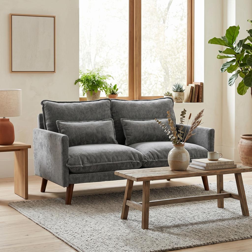 2 Seater Sofa Loveseat Sofa With Spring Cushions Wide And Deep Seat Wood Legs Grey