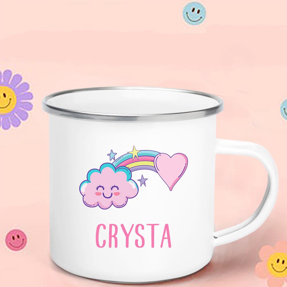 Regenbogen-Wolken-Print Emaille Kaffeetasse Wasser-Milch-Becher Personalisierter Name Kindergeburtstag Party Dekoration Weihnachten Kindertag Neujahrsgeschenk