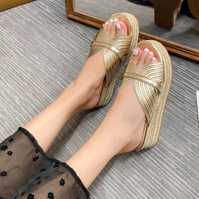 

Fashion Platform Flip-Flops Fashion Spliced Cutout Straw Wedge Sandals Simple and Versatile Outside Wear Open Toe Platform Sandals 35 золотой