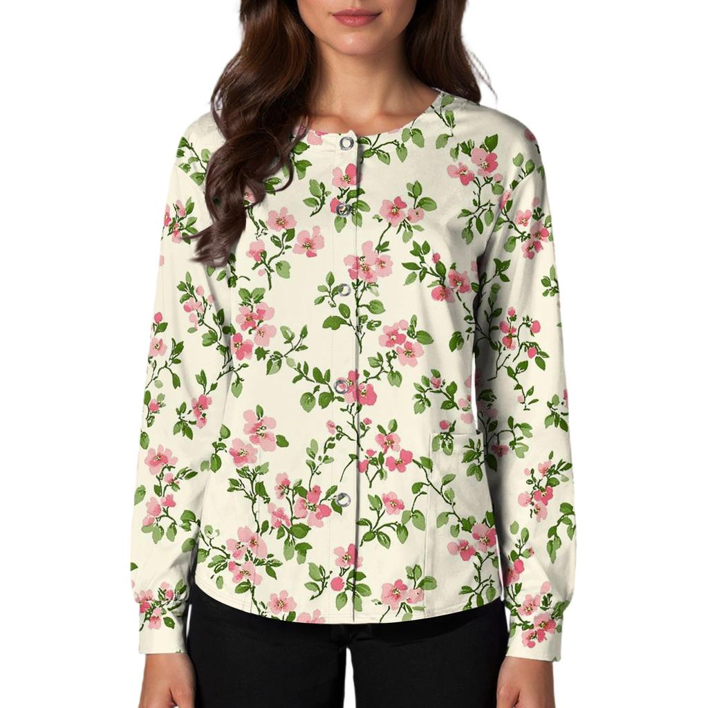 Women's Casual Long Sleeve Single Breasted Floral Print Medical Scrub Cardigan Top Comfortable Fit Lightweight Fabric Suitable for Work
