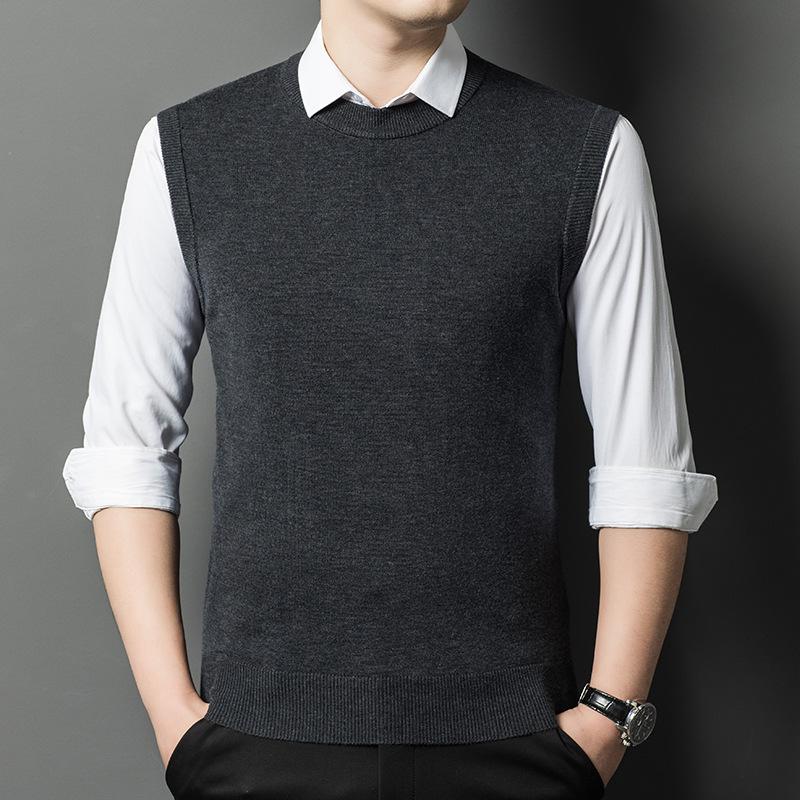Men's V-Neck Wool Knit Vest - Autumn/Winter Solid Color, Middle-Aged & Elderly Style