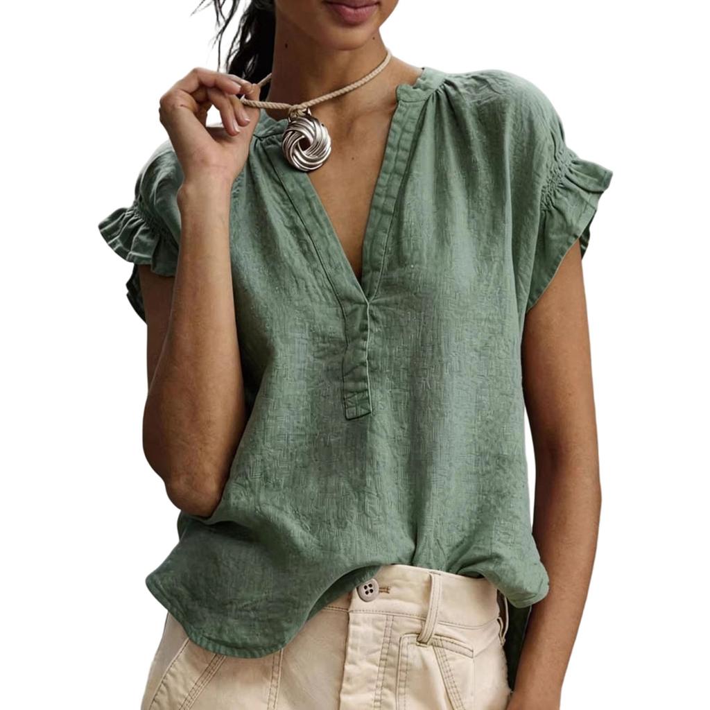 Women's Casual Ruffle Sleeve V-Neck Blouse, Loose Fit Textured Shirt, Cute Summer Sleeve Top
