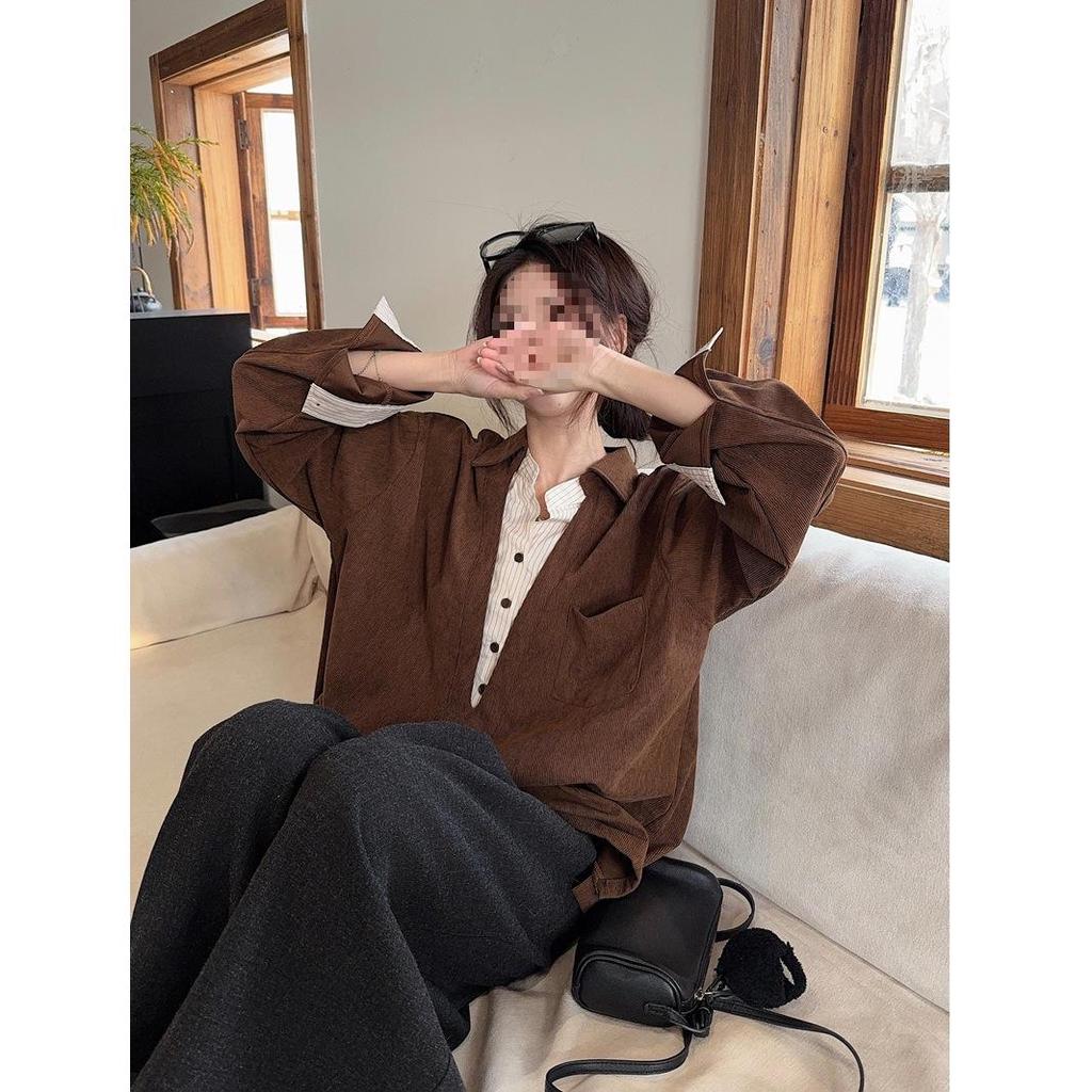 Korean Retro Coffee-Toned Two-Piece Effect Patchwork Shirt - Women's Spring 2026 Long Sleeve Top