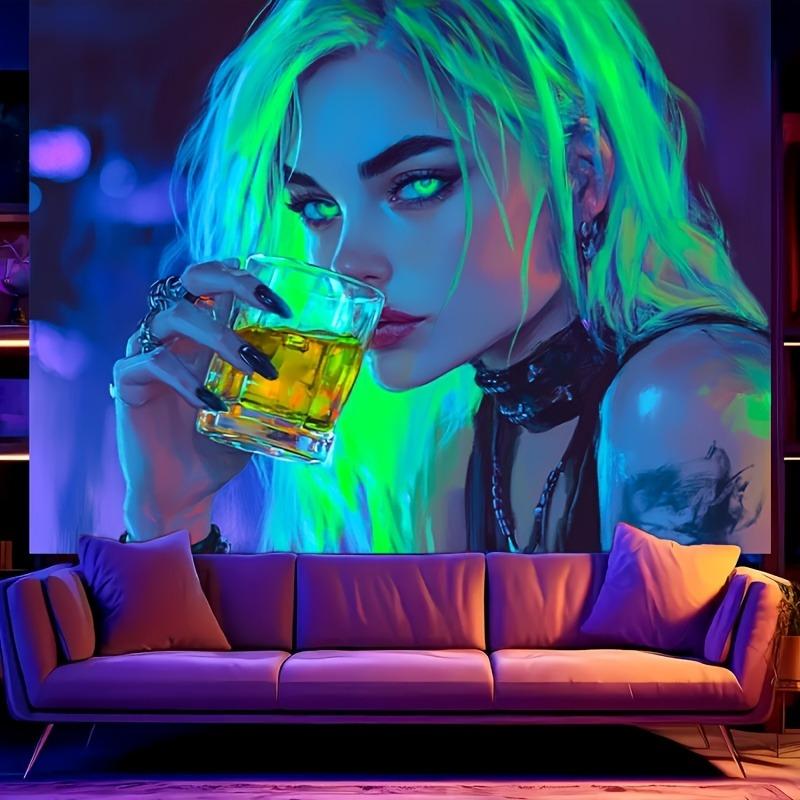 Glittering Green Haired Goddess Fluorescent Tapestry Shine BrightUV Tapestry Wall Hanging Bedroom Home Party Decoration
