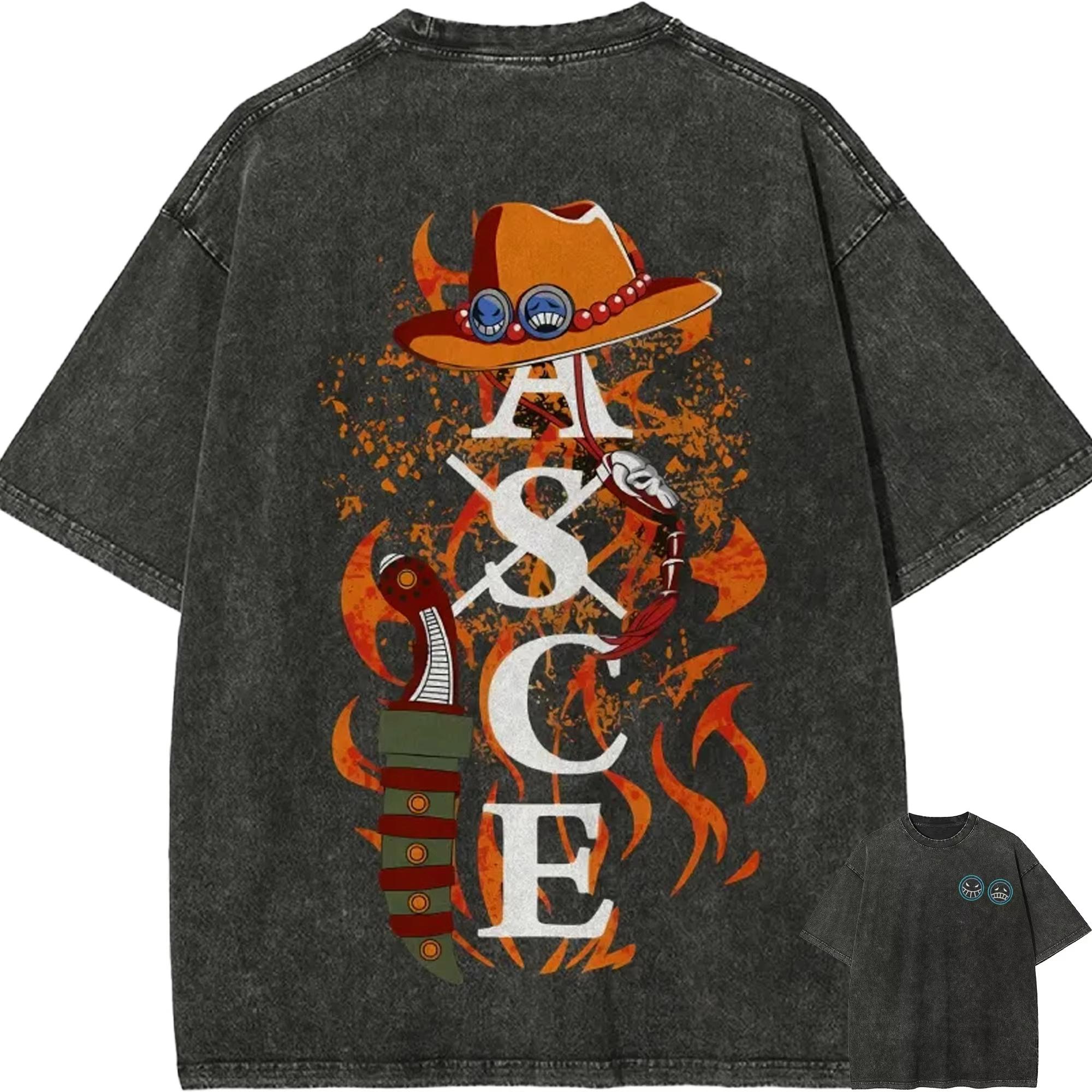 

Ace T Shirt One Piece ASCE Tattoo Fire Vintage Acid Wash Streetwear Retro Japanese Anime Graphic Cotton Men Tees XL