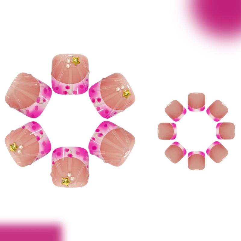 24Pcs 3D Star False Toenails Pearls Shine Coating Plastic Nail Art For Women Long Comfort Multipurpose