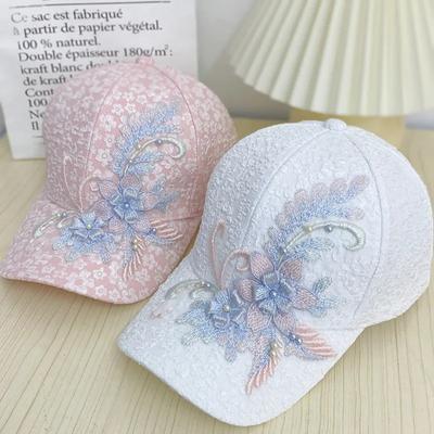 Compressed Pleated Bubble Small Floral Baseball Cap for Women Lace Beads Flowers Sun Protection Hat Sun Protection Breathable Baseball Cap