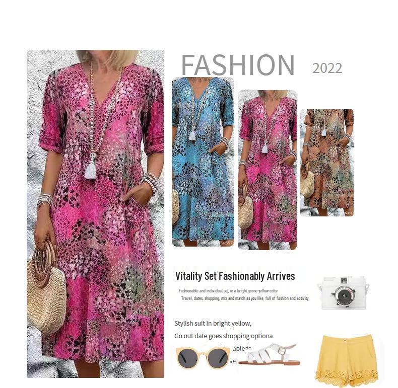 Women's V-neck Casual Summer Pocket Dress - New Print