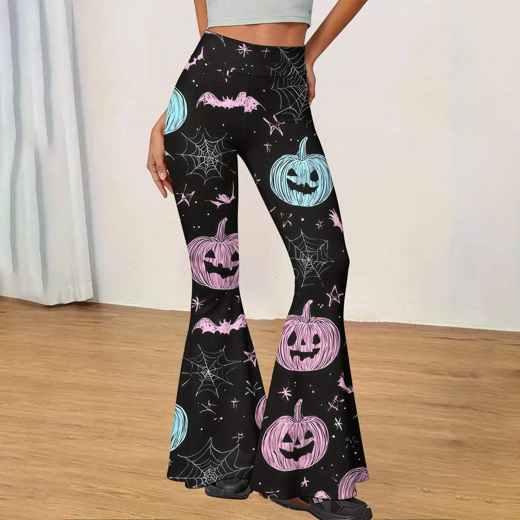 Women Casual Halloween Printed Flared Yoga Pants High Waist Stretchy Bootcut Leggings Comfortable Fit for Daily Wear