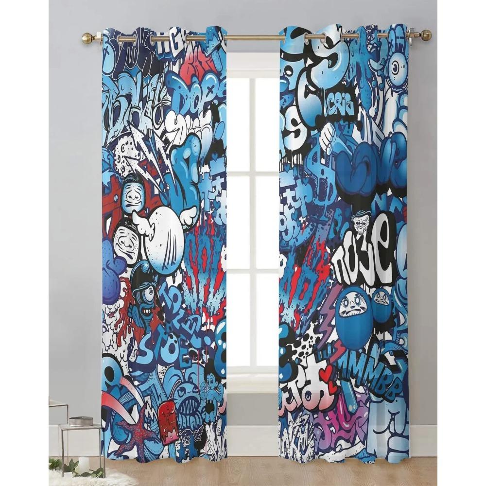 Blue Explosion Punk Graffiti Sheer Curtains for Living Room Decoration Tulle Voile Organza Window Curtains for Kitchen Bedroom