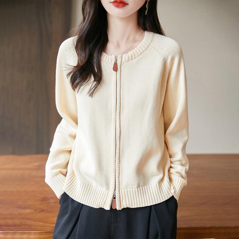 

Round Neck Raglan Sleeve Cotton Knit Cardigan - Women s Loose Short Double Zipper Jacket XL