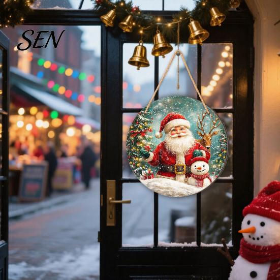 Festive Front Door Signs 2D Christmas Wooden Hanger Ornaments, Santa Snowman Reindeer Welcome Wall Xmas Hanging Decor Sign, Rustic Farmhouse