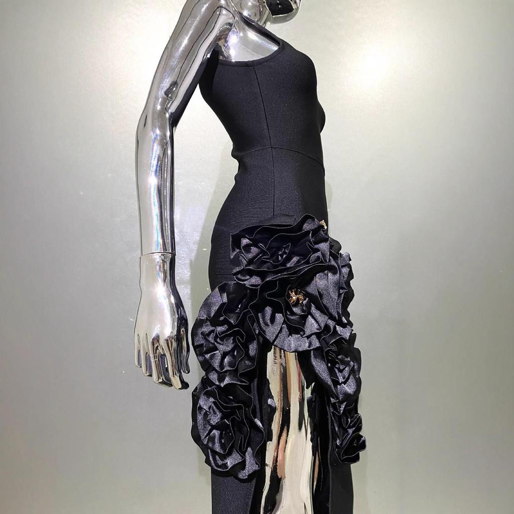 Floral Party Evening Dress with Ruffled Slit