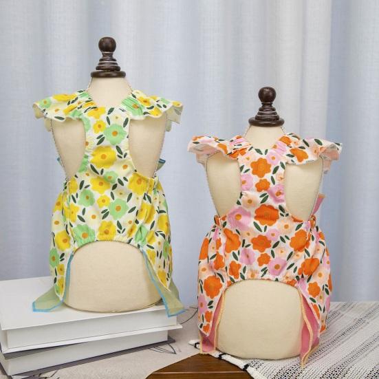 Spring Summer Pet Dress Ruffle Flying Sleeves Tulle Bow Floral Print Small