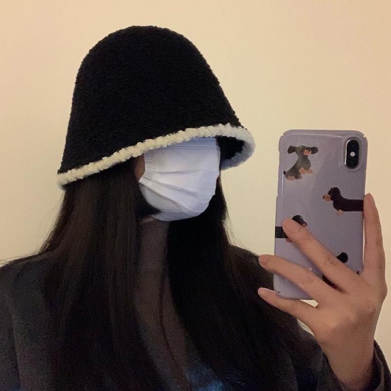 Black Plush Fisherman's Hat Women 2025 Versatile Face Show Small Knitted Bucket Headcircumference