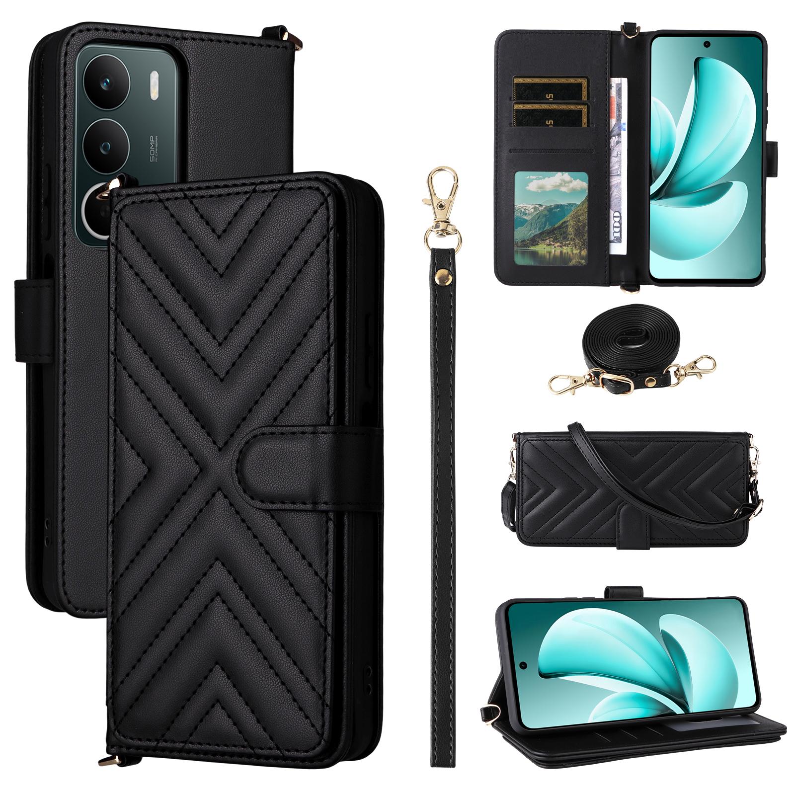 

For Realme C71 4G Case with Shoulder/Wrist Strap Leather Phone Cover Stand Wallet Black