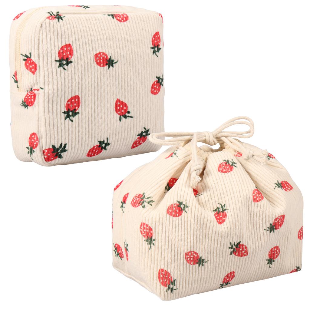 2Pcs Cute Aesthetic Makeup Bag Set for Women Soft Corduroy Cosmetic Bag Set with Canvas Lining for Home Traveling Daily Trip