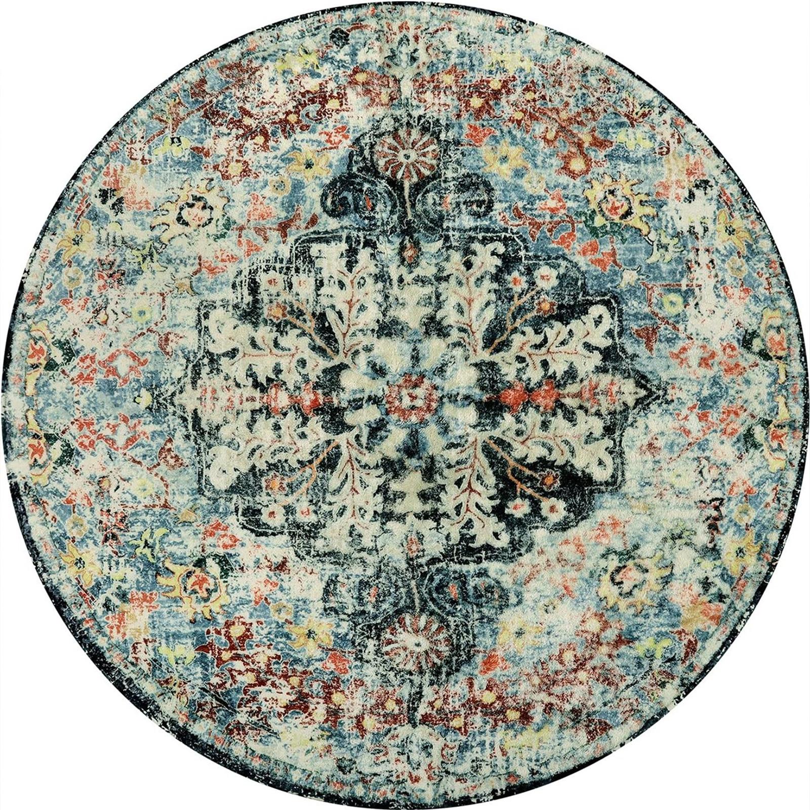 

Round Floral Medallion Carpet Blue/White Symmetrical Blooms with Red/Yellow Accents, Elegant Rug for Living Room Decor 80cm