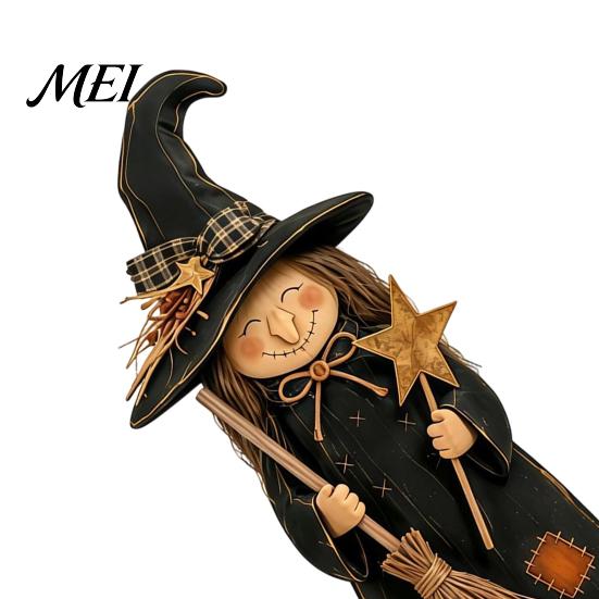 Small Witch Statues for Holiday Display Wooden Ornament, Retro Halloween Figurine with Broom/Pumpkin/Black Rustic Craft Desk Cat, Creative Tabletop