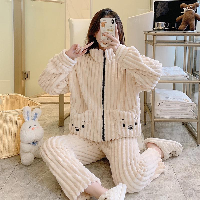 Cozy Coral Fleece Flannel Striped Loungewear for Plus Sizes (up To 220 Lbs) - Cute and Warm for Autumn and Winter