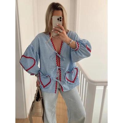 Vintage Woman Grid Print Heart Patchwork Lace Up Blouse Ladies Loose Elegant V-Neck Packet Party Outdoor Tops Girls Spring and Summer