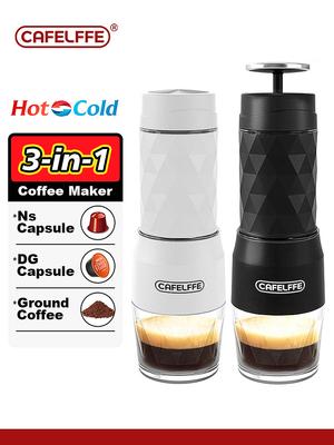 Cafelffe 3 In1 Tragbare Kaffeemaschine Heiß-/Kaltwasser Manuelle Espressomaschine Für Kapsel & Gemahlen Handpresse Brühgerät Wandern Reisen