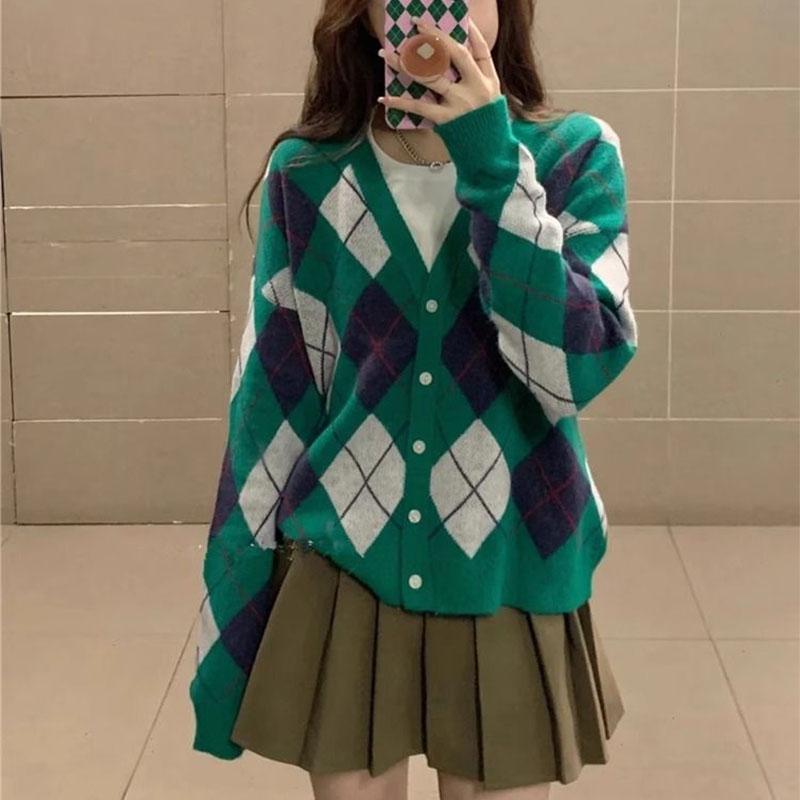 Sweet Preppy Style Sping Autumn New Sweaters Coats Women V-Neck Lingge Contrast Color Button Long Sleeve Cardigan Knitted Tops