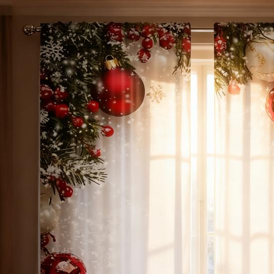 2 Panels Christmas Curtains 2D Flat Printed Balls Curtain with Snowflakes And Pine Branches Holiday Window Drapes Decoration for Living Room Decor