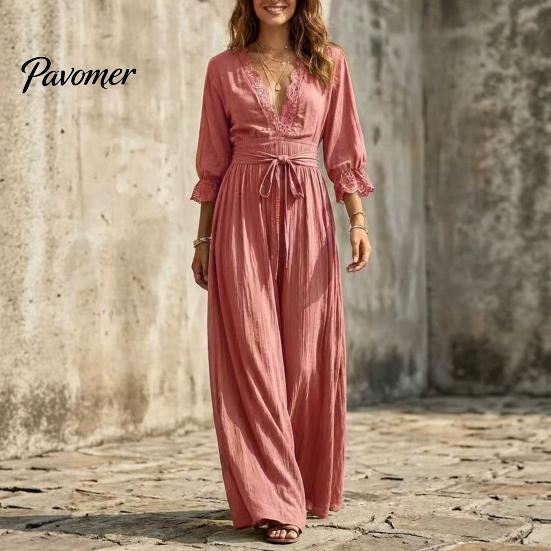 Bohemian Fall Dress Women V-Neck Lace for Fall, 3/4 Sleeves Maxi with Long Sleeve Belt, Solid Color Loose Casual Vacation Daily Wear