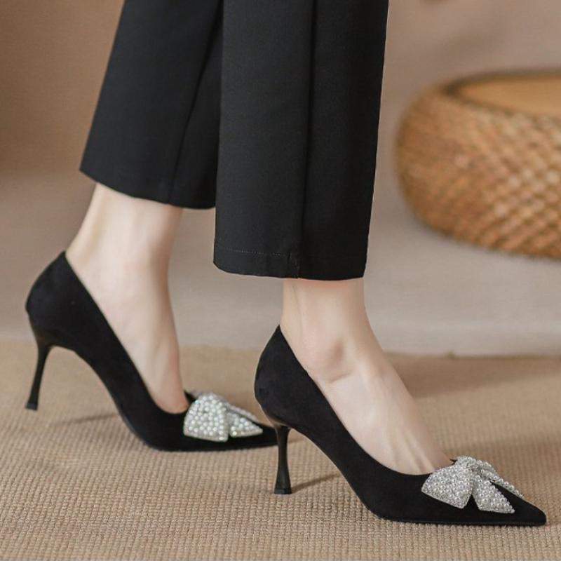 Shallow Mouth Black Single Shoes Women Pumps Pointed Toe High Heels Shiny Pearl Bowknot Rhinestone Stiletto Temperament Wedding
