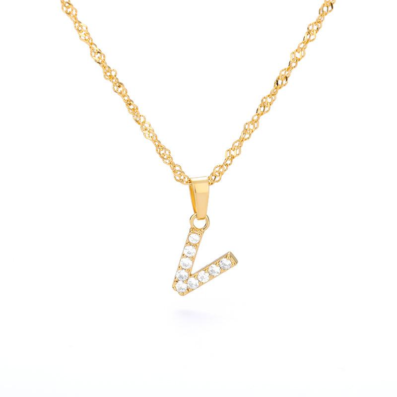 New English letter necklace plated with real gold and slightly inlaid with zircon letter pendant stainless steel chain
