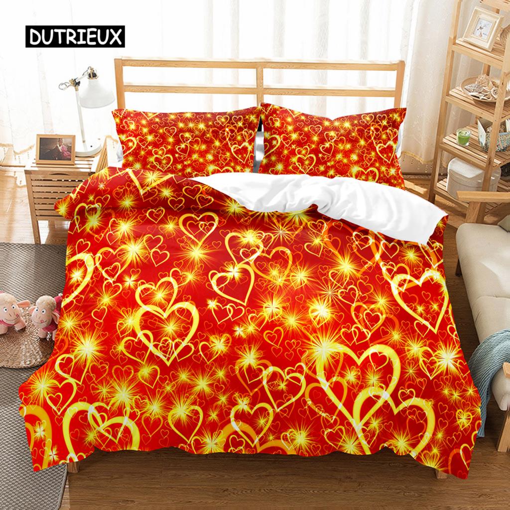Love Heart Duvet Cover Set Single King Romantic Theme Bedding Set Rose Floral Comforter Cover For Valentine's Day Wedding Decor