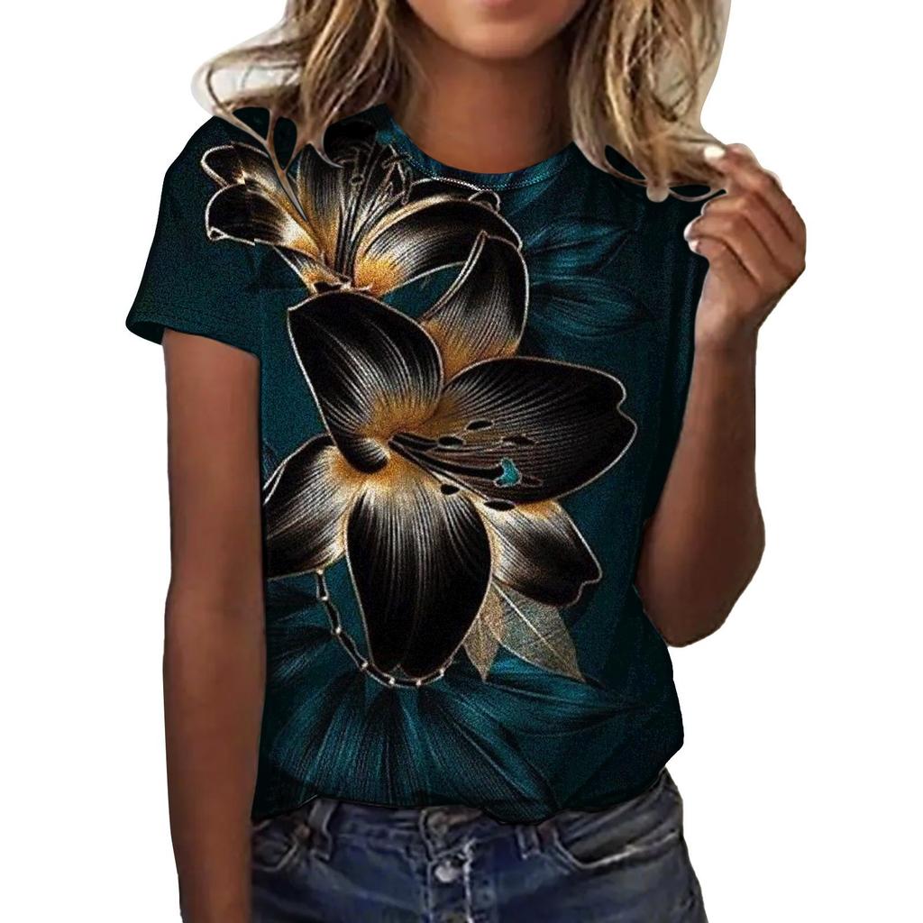 Summer Round Neck 3D Love Flower Print Top Fashionable Casual Short Sleeved Women's T-shirts