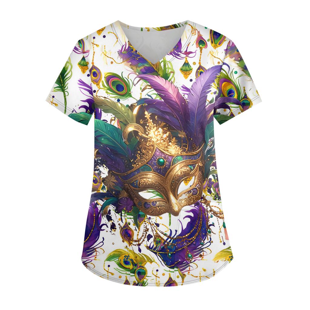 Ladies' Carnival Printed Fashion V-neck Pocket Short Sleeved Nurse's Wear And Worker's Top