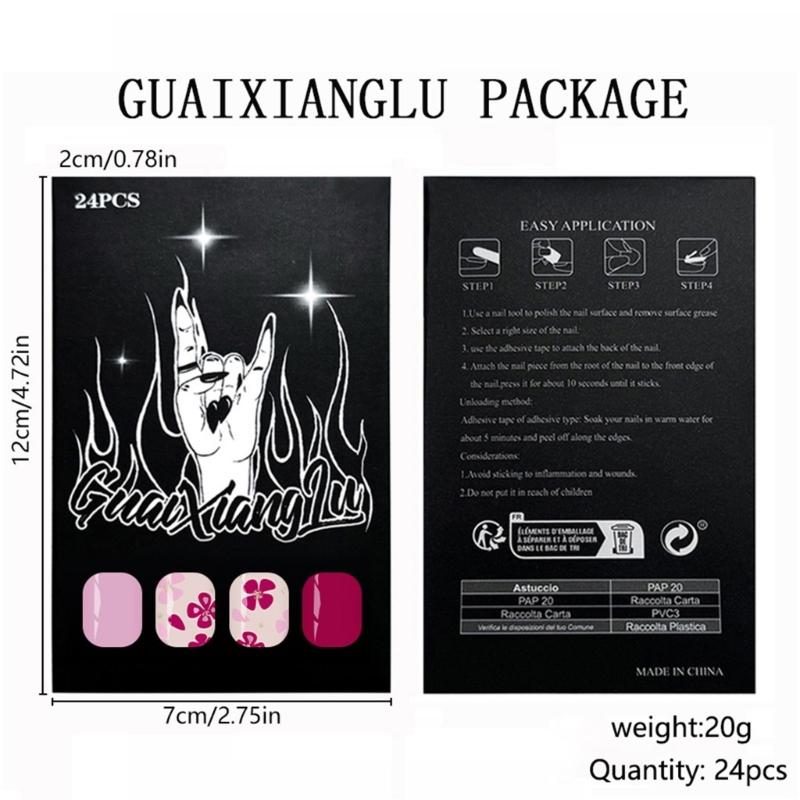 24pcs Glossy Square False Nail Purple Flower Glittering Design Nail Art for Daily Wear and Parties Manicure