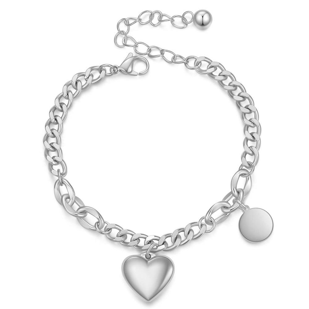 European-American Fashion Cuban Chain Heart & Round Plate Engravable Stainless Steel Adjustable Bracelet for Women