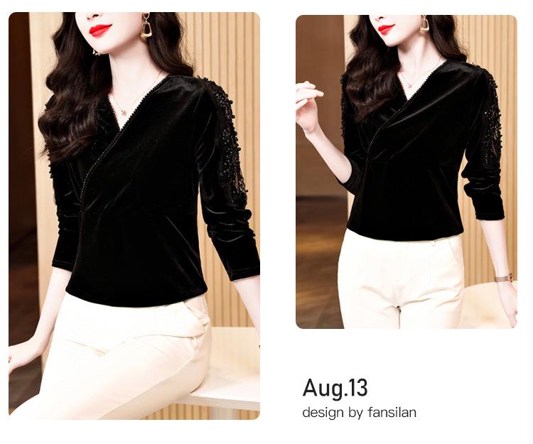 Elegant Cross V-Neck Lace Beaded Black Velvet Top