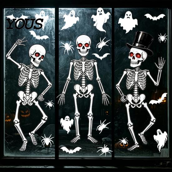 Thick PVC Window Sticker 3Pcs Halloween Skeleton Glass Stickers, Waterproof Clings, Static Decals, Wear-resistant Cling Removable Stickers