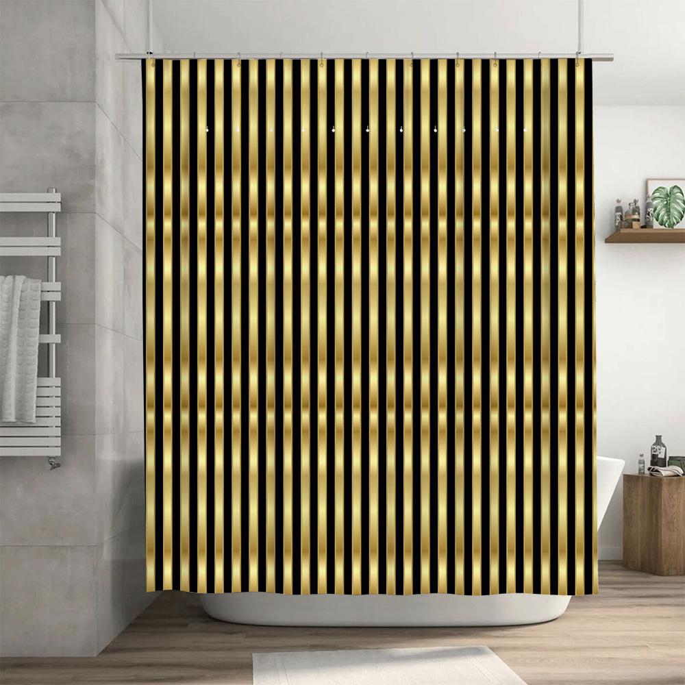 Schwarz Gold Duschvorhang Modernes Streifen Design Für Badezimmer Dekor 72 X 84, Luxuriöses Goldenes Wasserabweisendes Wasserdichtes Stoff Dusch