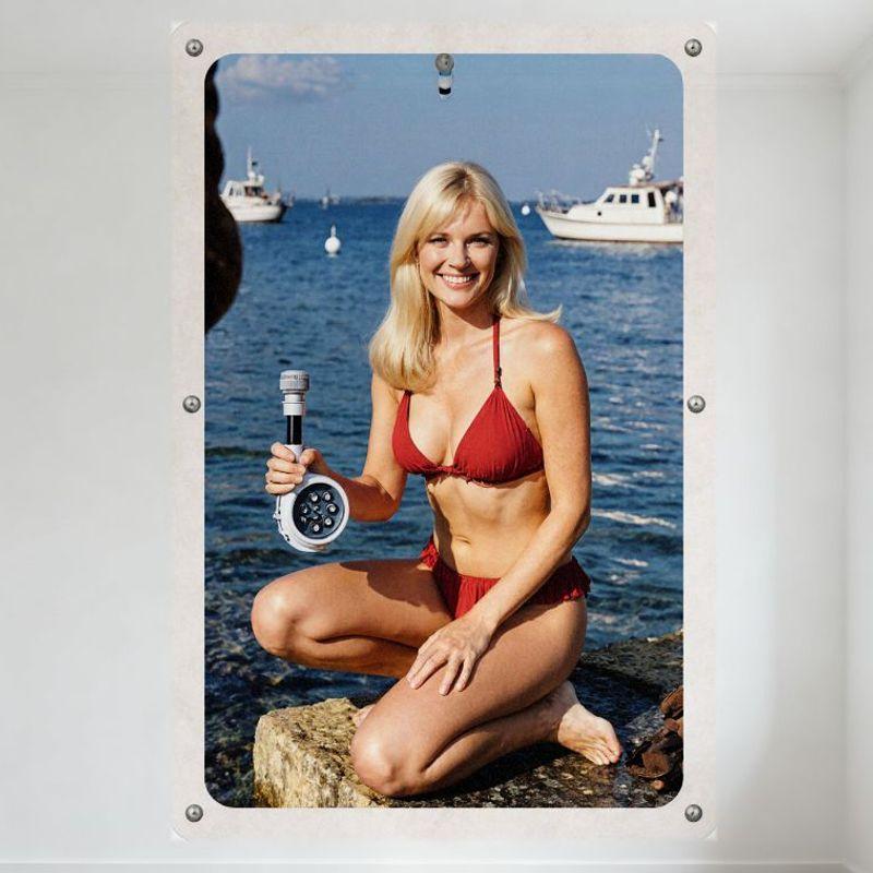Summer Beach Blonde Woman Red Bikini Seaside Rocky Shore Tin Sign Vintage Metal Poster Wall Decor for Home Bar Pub 8x12 Inch