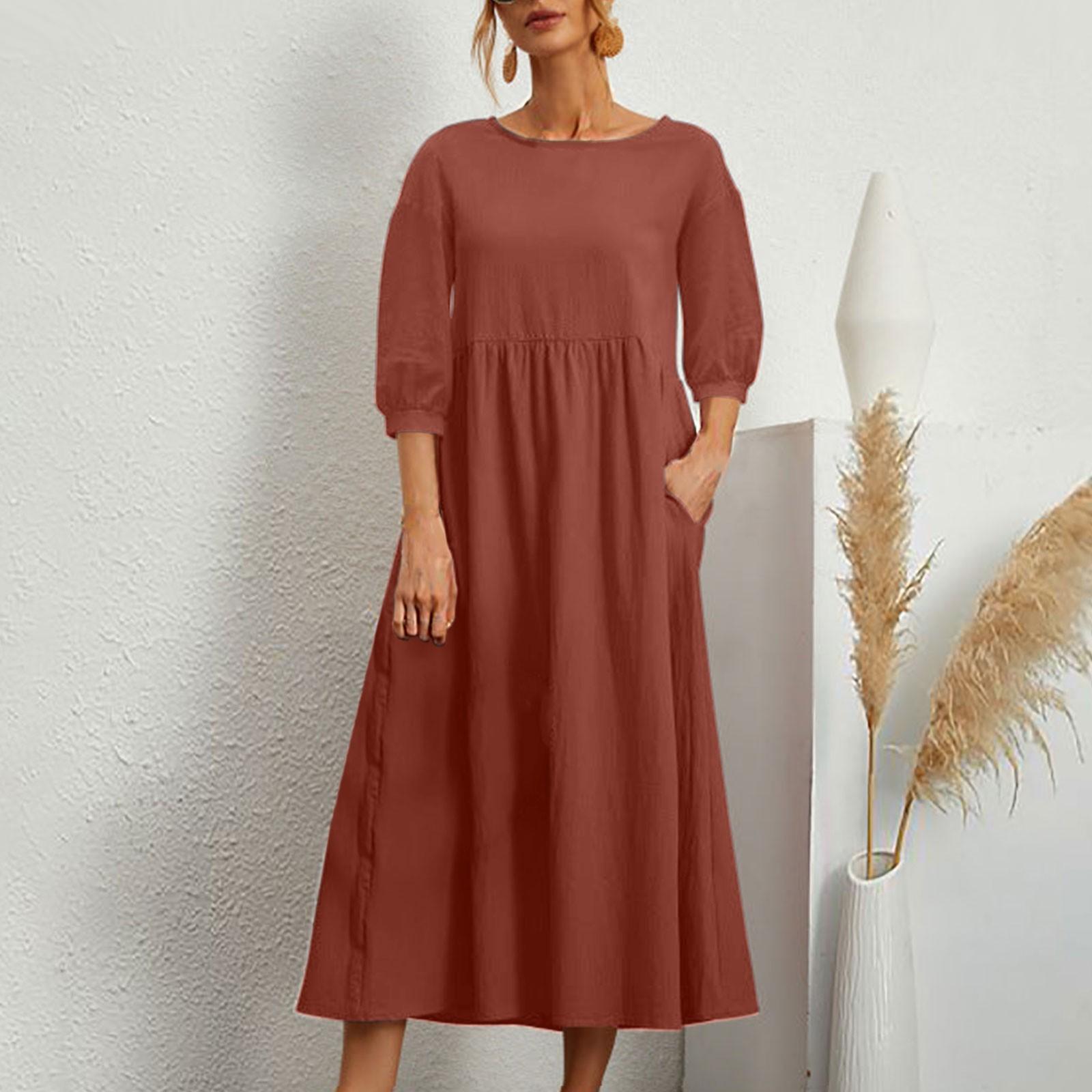 

Женское модное однотонное свободное хлопково-льняное длинное платье с карманами и средними рукавами M шафрановый