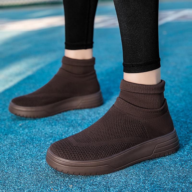 Men's Shoes Autumn New High-top Couple Socks Casual Shoes Large Size Thick Baseplate Shoes Breathable Fly-woven Mesh Sneakers