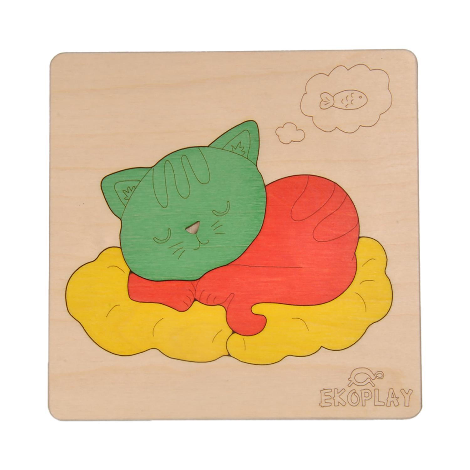 

EKOPLAY Кошка на коврике Деревянные пазлы для детей, пазлы из 4 частей, развивающие