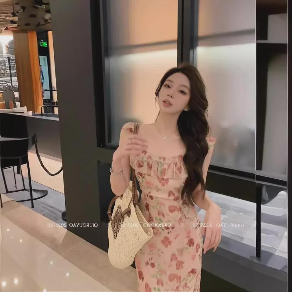 2024 Spring/Summer French Floral Sleeveless Maxi Dress – Slim Waist, Sweet & Elegant