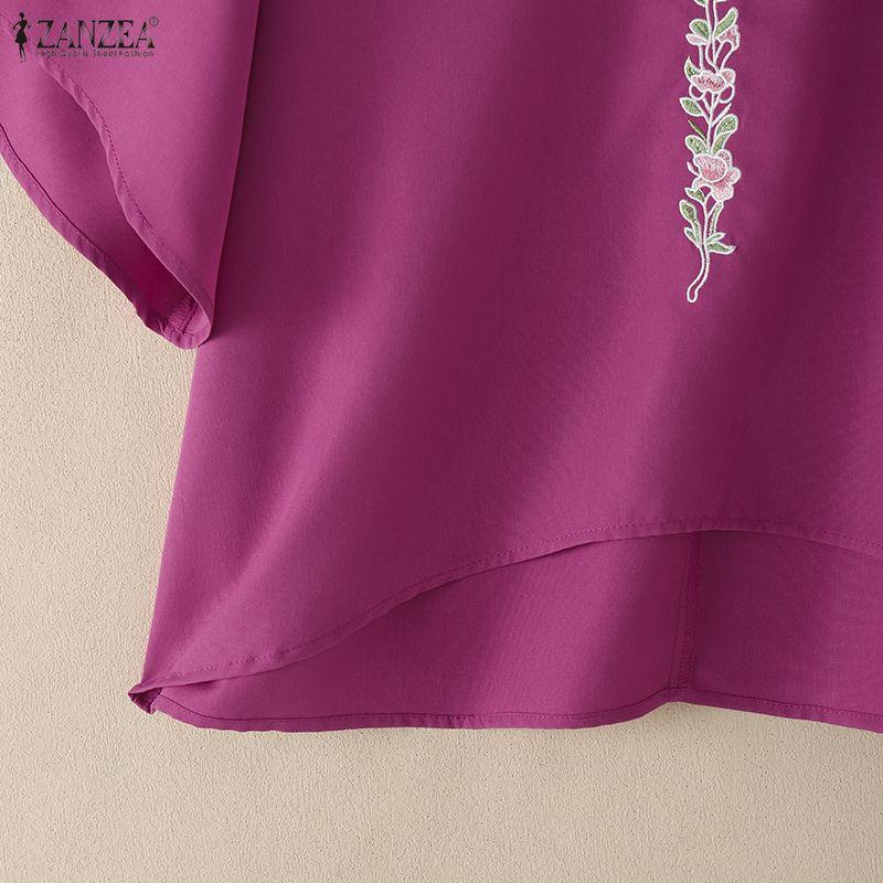 ZANZEA Women Stand Collar Casual 3/4 Sleeve Embroidery Print Loose Blouse