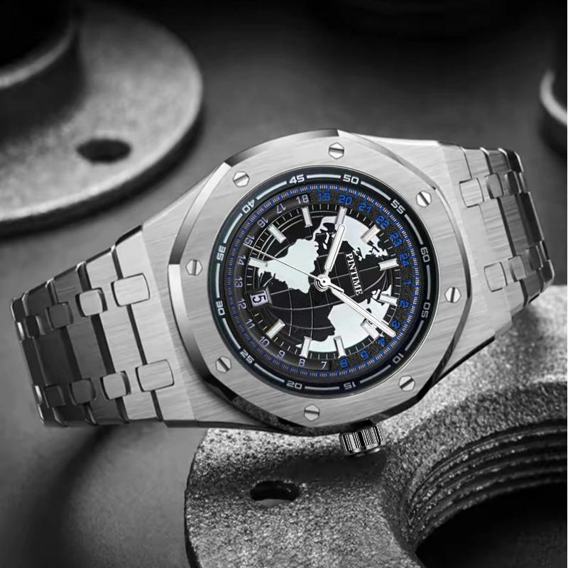 PINTIME Earth Style Men's Watches Stainless Steel Blue Planet Quartz Wristwatch for Man Luminous Waterproof Date