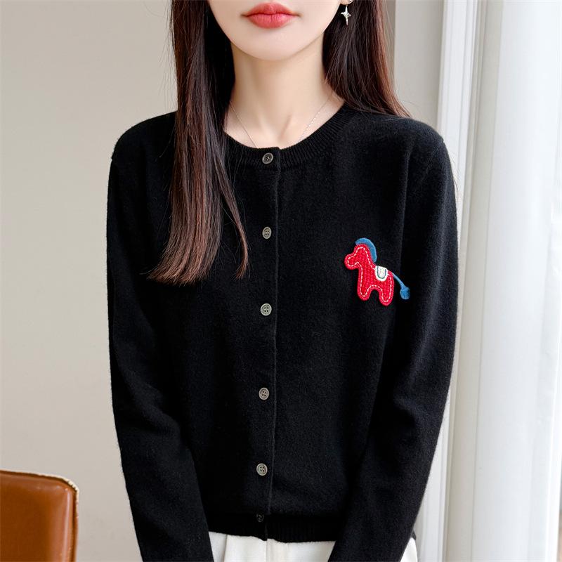 Korean Little Pony Embroidered Round-Neck Red Knit Cardigan: Women's Loose Fit High-End Style Sweater