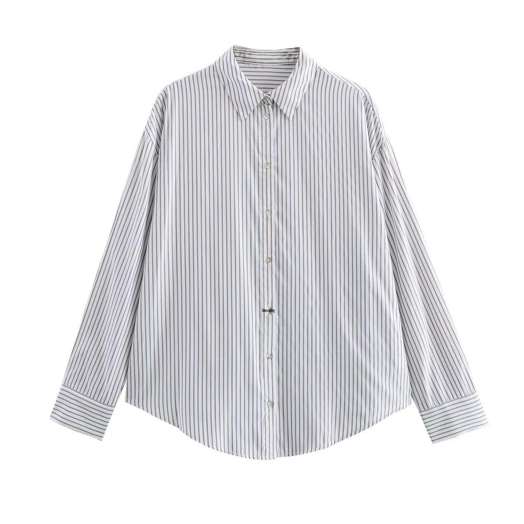 Spring 2025 Women's European & American Style Striped Long Sleeve Casual Shirt with Turn-Down Collar